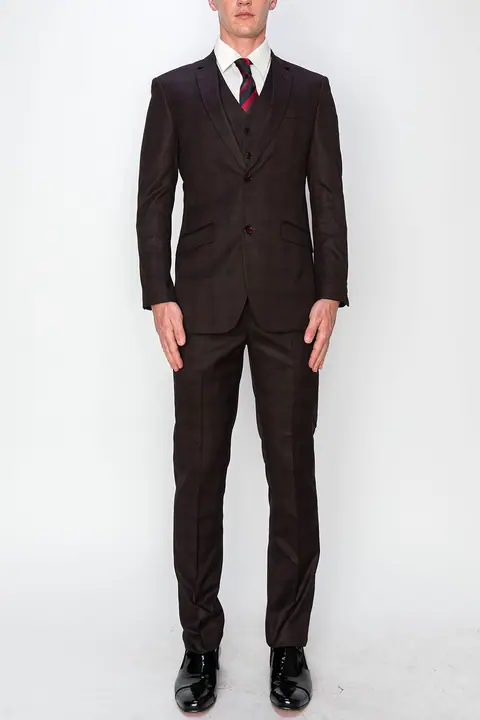 Burgundy 3 Piece Plaid Suit