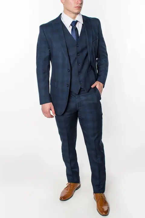 Navy 3 Piece Plaid Suit