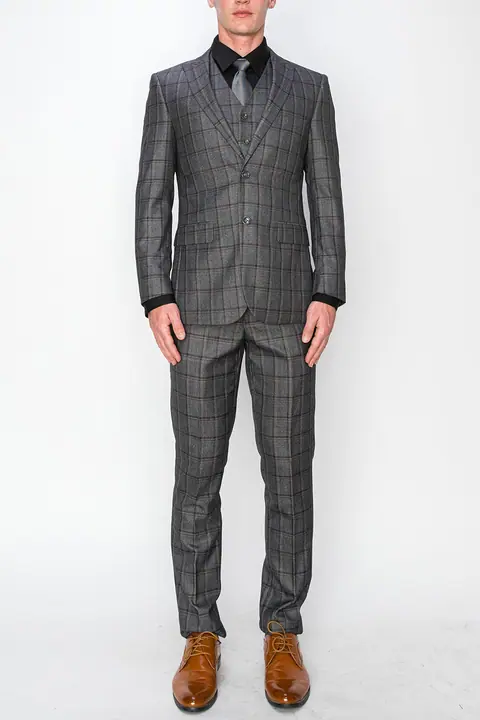 Charcoal 3 Piece Plaid Suit