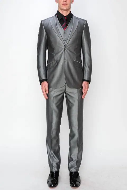 Shiny Grey 3 Piece Textured Suit