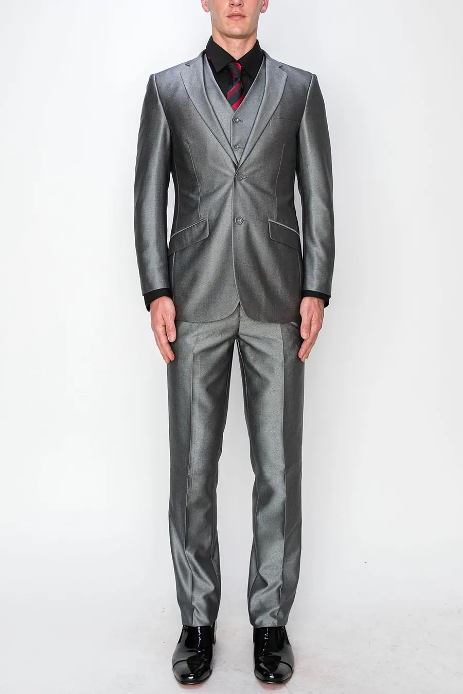 Shiny Grey 3 Piece Textured Suit