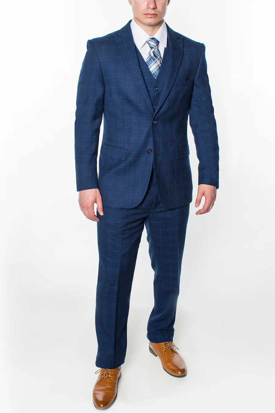 Navy 3 Piece Plaid Suit