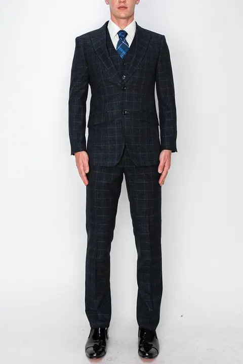 Black 3 Piece Plaid Suit