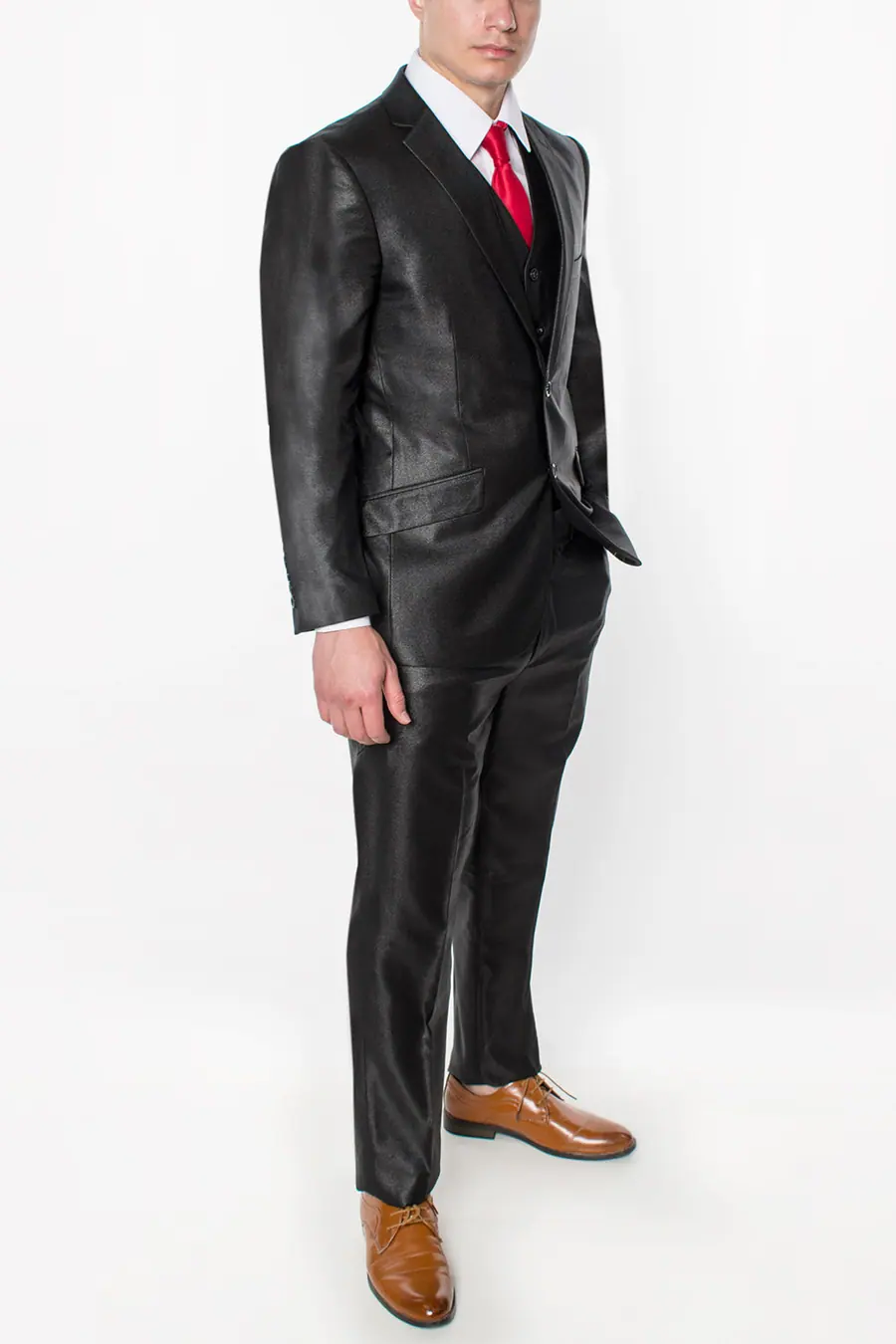 Shiny Black 3 Piece Textured Suit