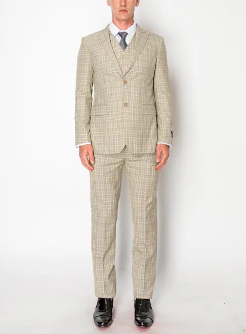 Beige 3 Piece Plaid Suit