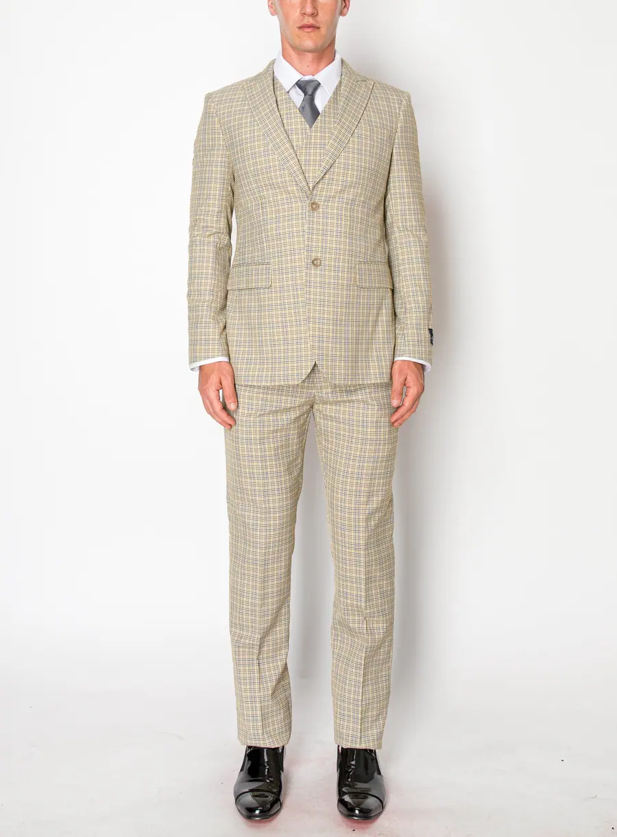 Beige 3 Piece Plaid Suit