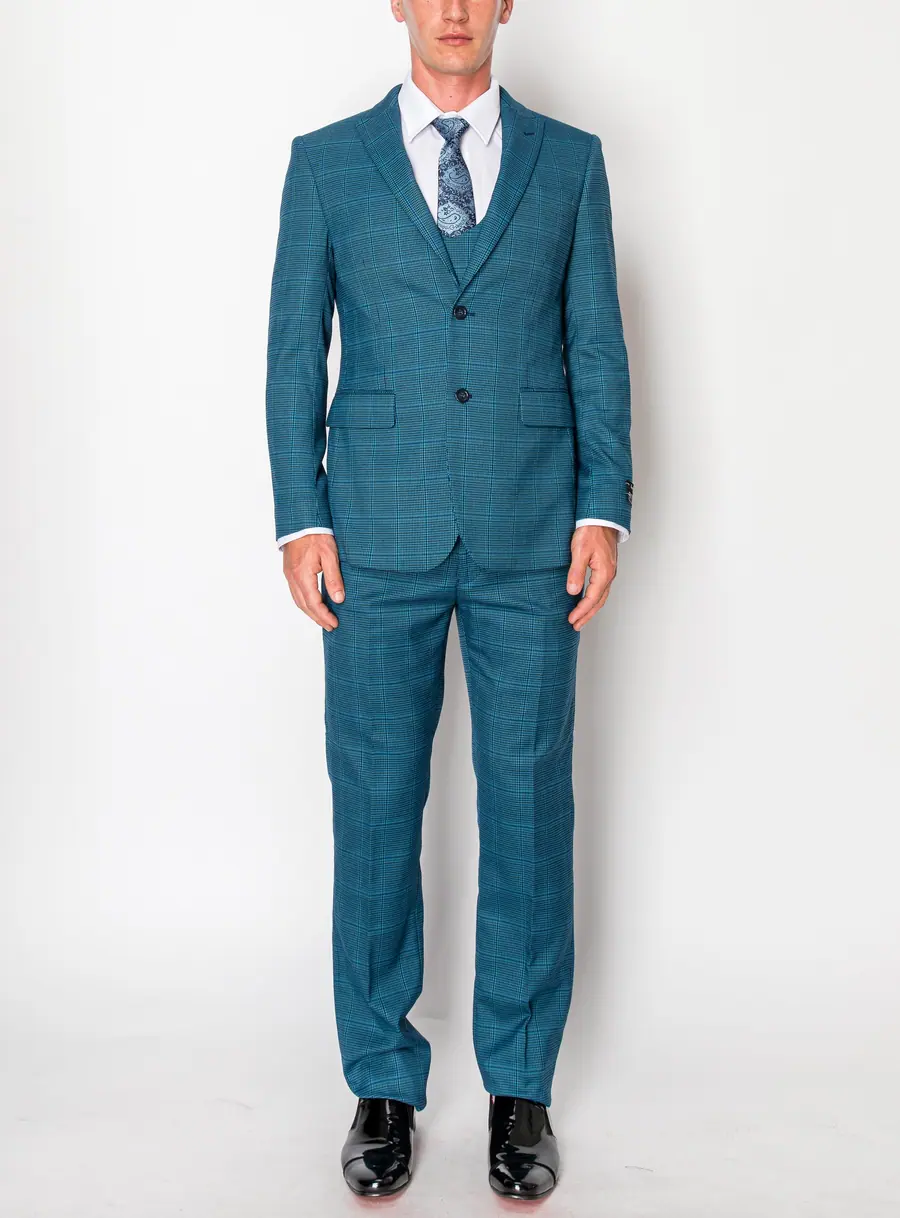 Blue 3 Piece Plaid Suit