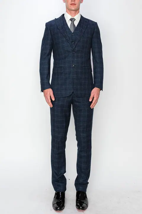 Indigo Blue 3 Piece Plaid Suit