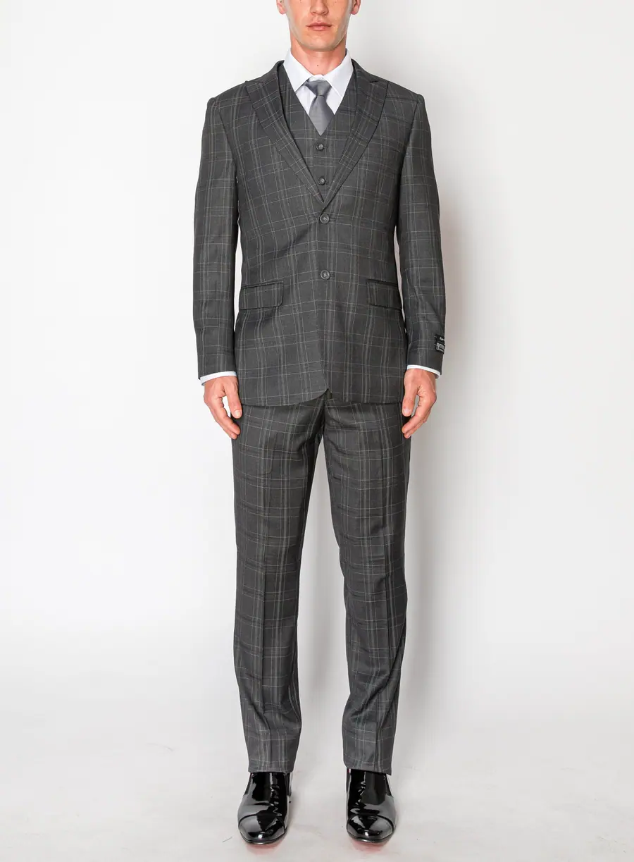 Charcoal 3 Piece Plaid Suit