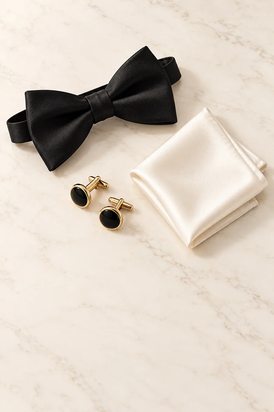 Conceptual bow tie, pocket square and cufflinks arranged on pale marble