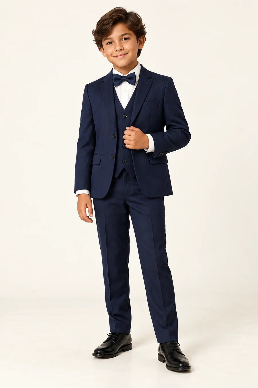 Conceptual child model wearing a navy formal suit
