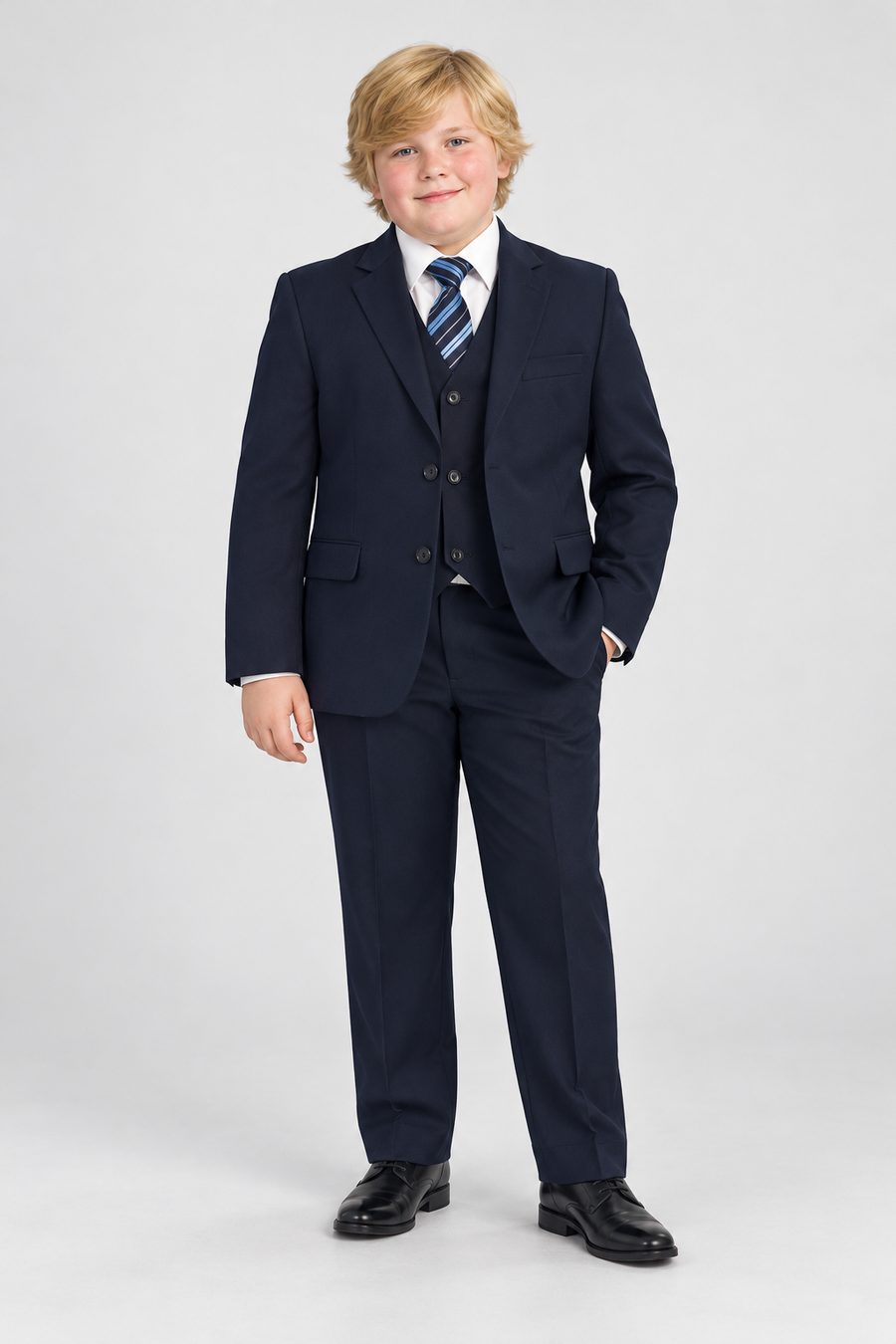 Husky boy wearing the Magen Kids husky-fit suit