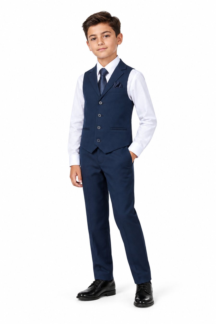 Child model in a navy vest set, a ring bearer outfit