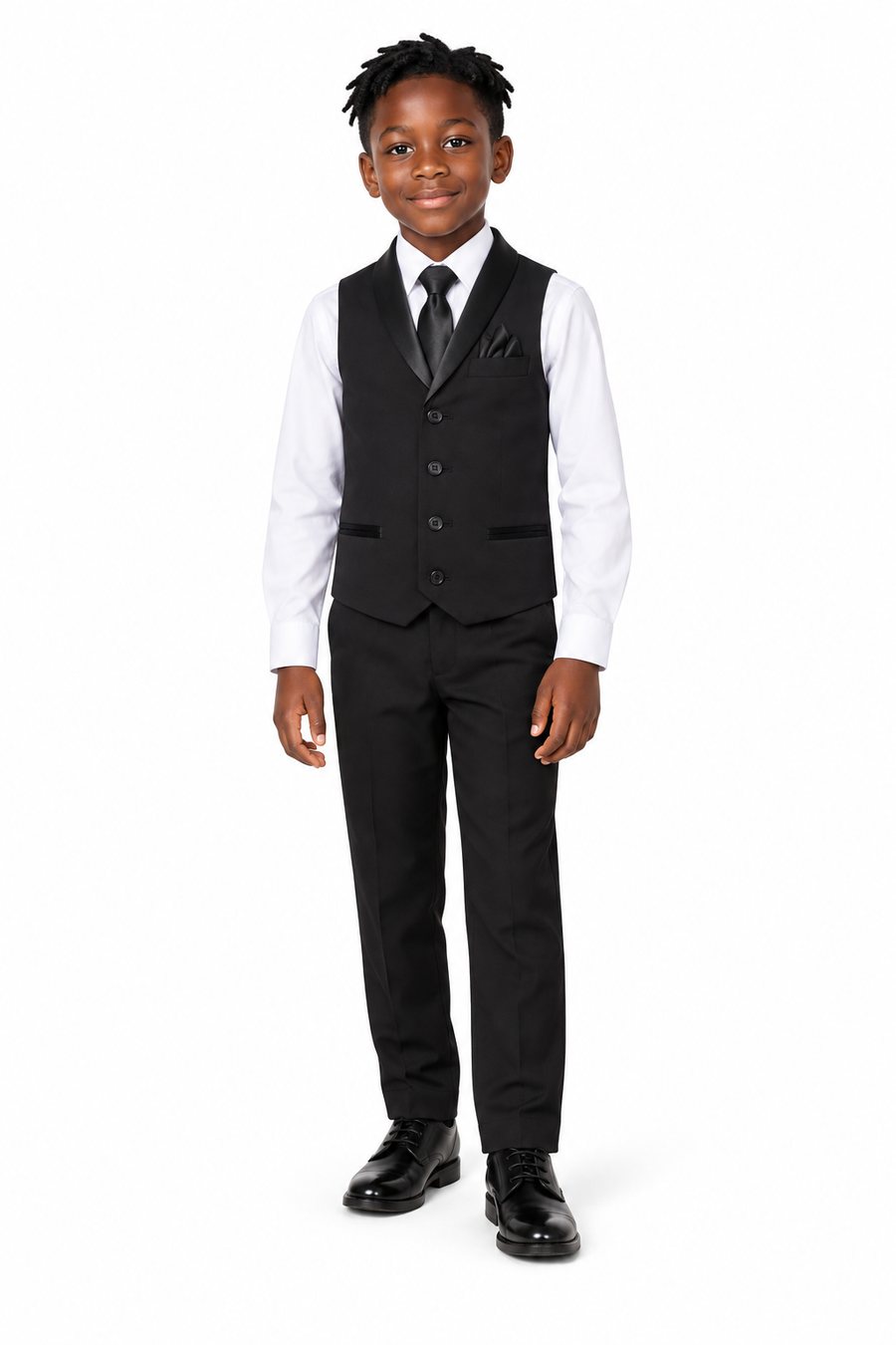 Child model wearing the Checkmatela Tuxedo Vest Set
