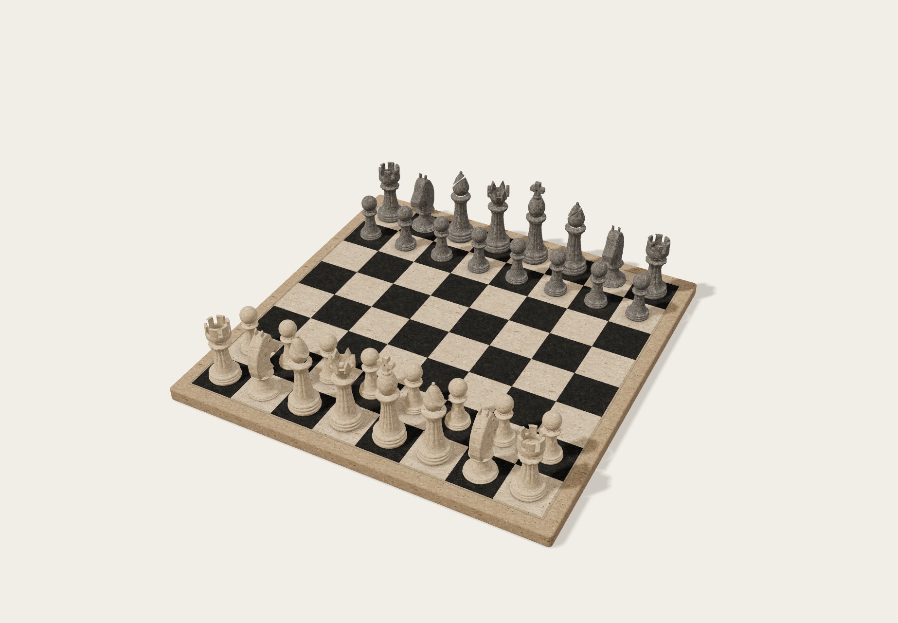 A complete chess set carved from warm travertine and charcoal basalt, arranged on a stone board.